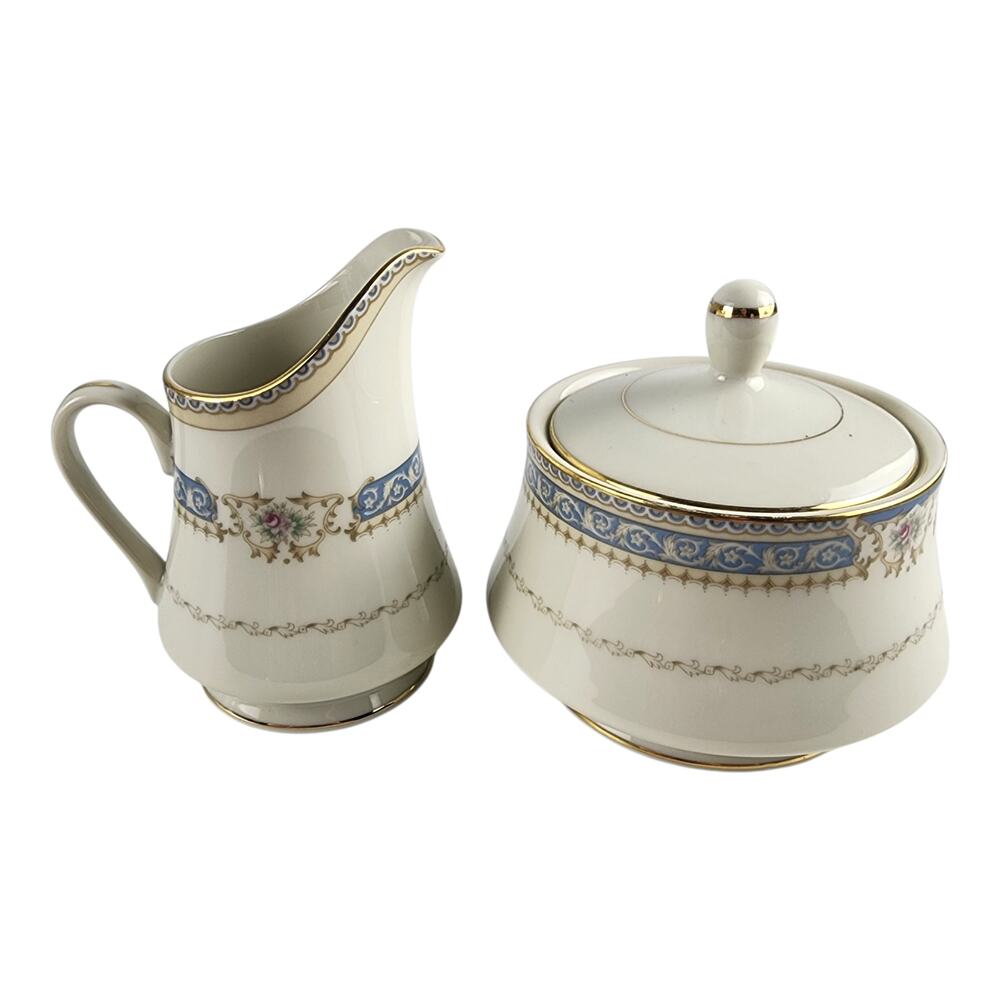 Mikasa Lexington Blue Floral Scrolls Gold Trim Cream & Sugar Bowl L2808